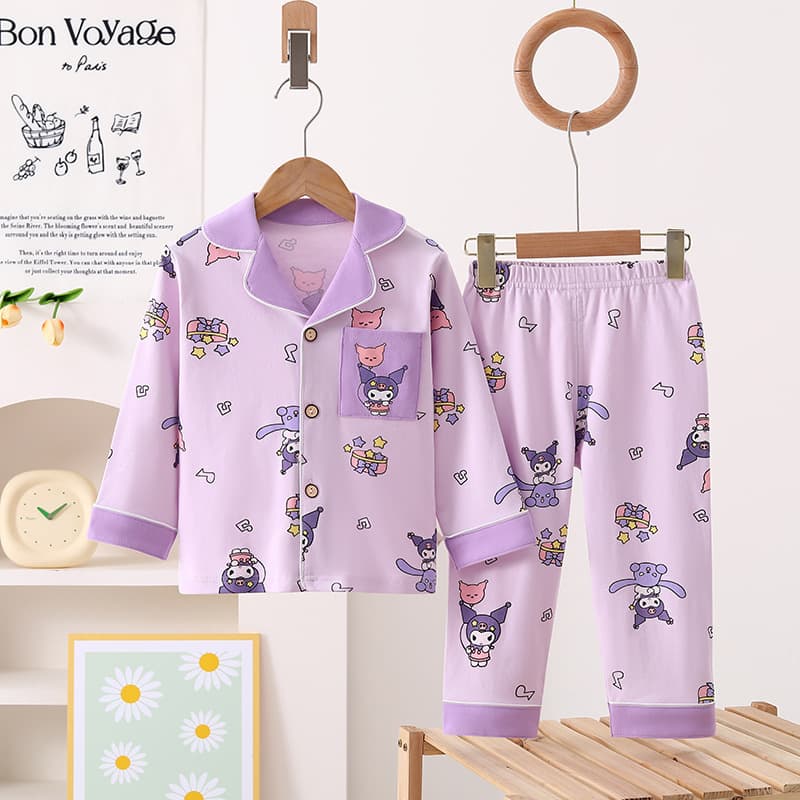 Children's Pajamas Boys Girls Class A Homewear Set Kids Lapel Cardigan Pure Cotton Pajama Two-Piece Set Cartoon Print