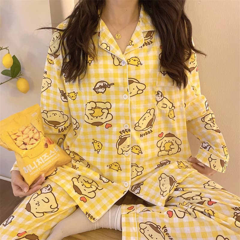 Japanese Anime Pudding Dog Women's Sleepwear Spring Autumn Long Sleeve Long Pants Set Outerwear Homewear Cotton-like Fabric