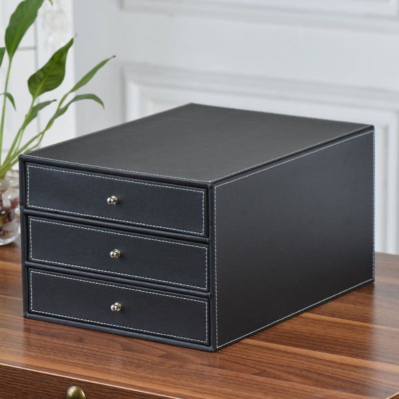 Creative Leather Storage Desktop File Cabinet A4 Document Three-layer Drawer Storage Box Business Office Stationery Organizer Box