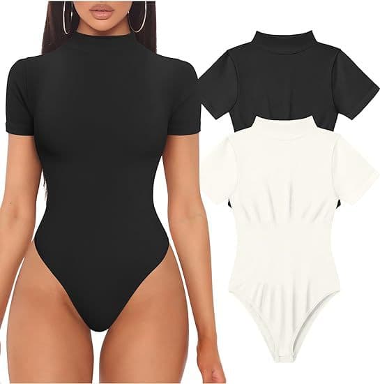2024 Amazon Women's Bodysuit Sexy Ribbed High Neck Short Sleeve Top Yoga Bodysuit