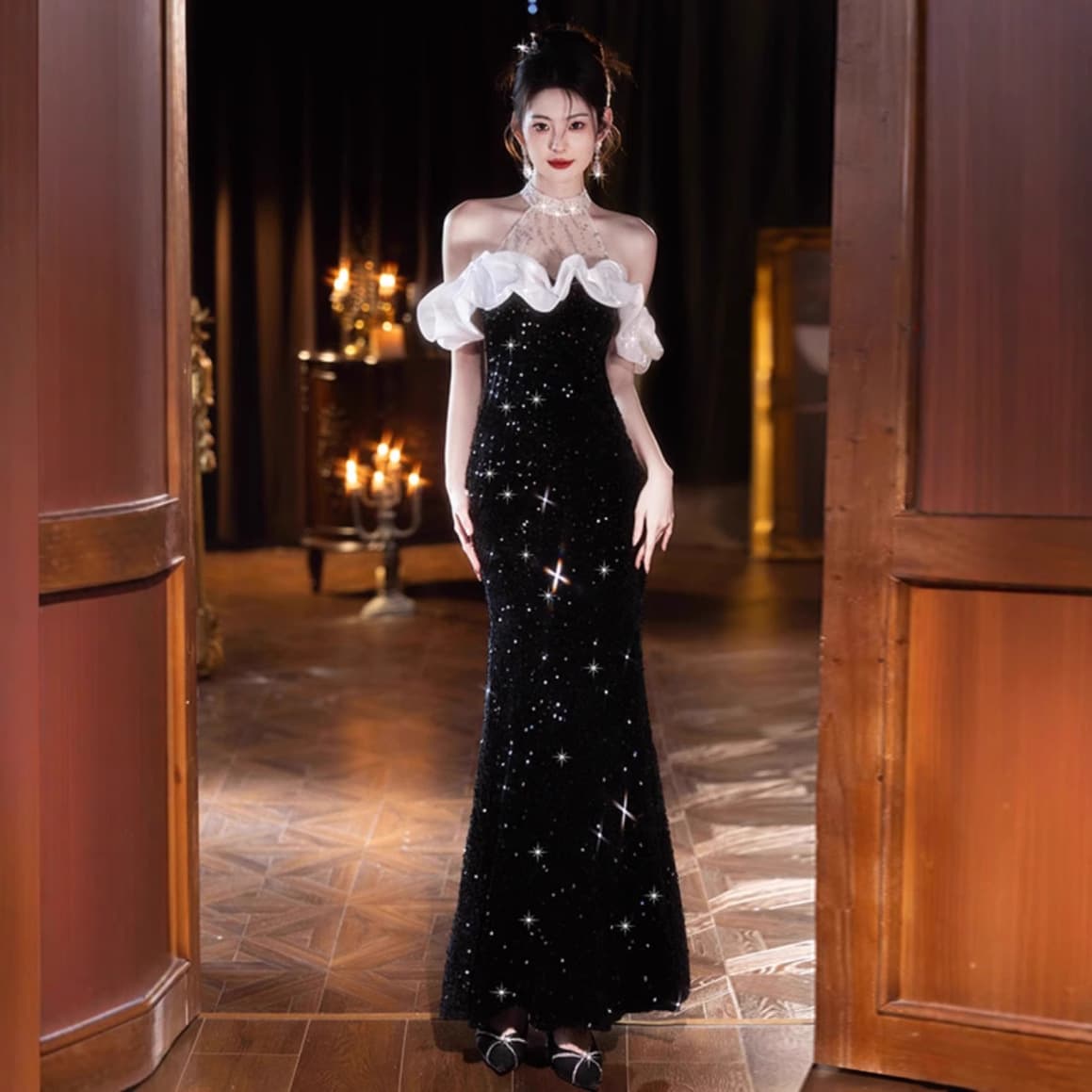Women's Evening Gown Banquet Elegant Luxury Niche Fishtail Black Stunning Sparkly Sequin Dress for Adult Ceremony