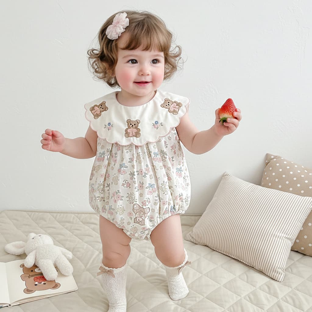 2026 New Summer Baby Girl Floral Halo Dress with Embroidery Bear Princess Style, Trendy Infant Outfit