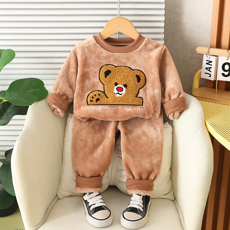 Children's Autumn Winter Flannel Pajamas Boys Girls Baby Fall Winter Coral Fleece Set Home Bear Thickened Loungewear