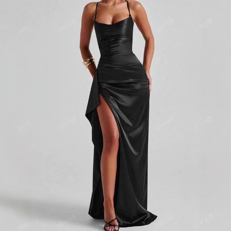 European and American adjustable strap ruffled hem slit sexy dress, party dress, wedding guest dress