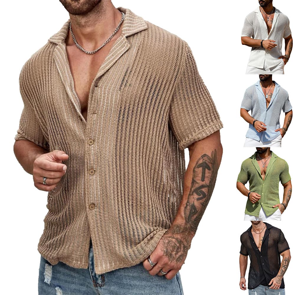 European and American Men's Summer Cool Shirt Casual Knitwear Hollow Breathable Short Sleeve Turn-down Collar Fashion Men's Clothing