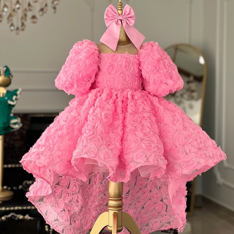Princess Dress Pink Rose Flower Girls' Dress Children's Formal Wear European And American Style Short Front Long Back Skirt