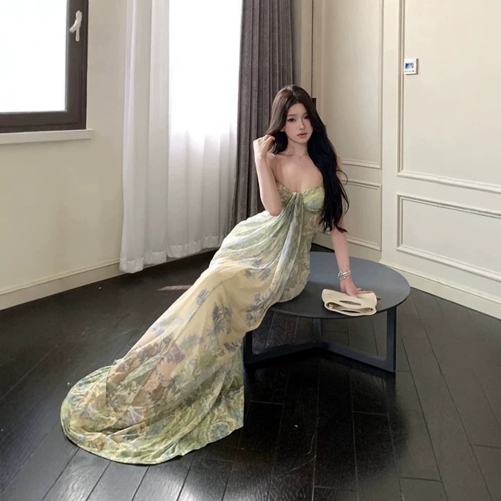 Sanya Beach Vacation Pure Desire Long Dress French Green Print Tie-Dye Strapless Halter Maxi Dress for Women