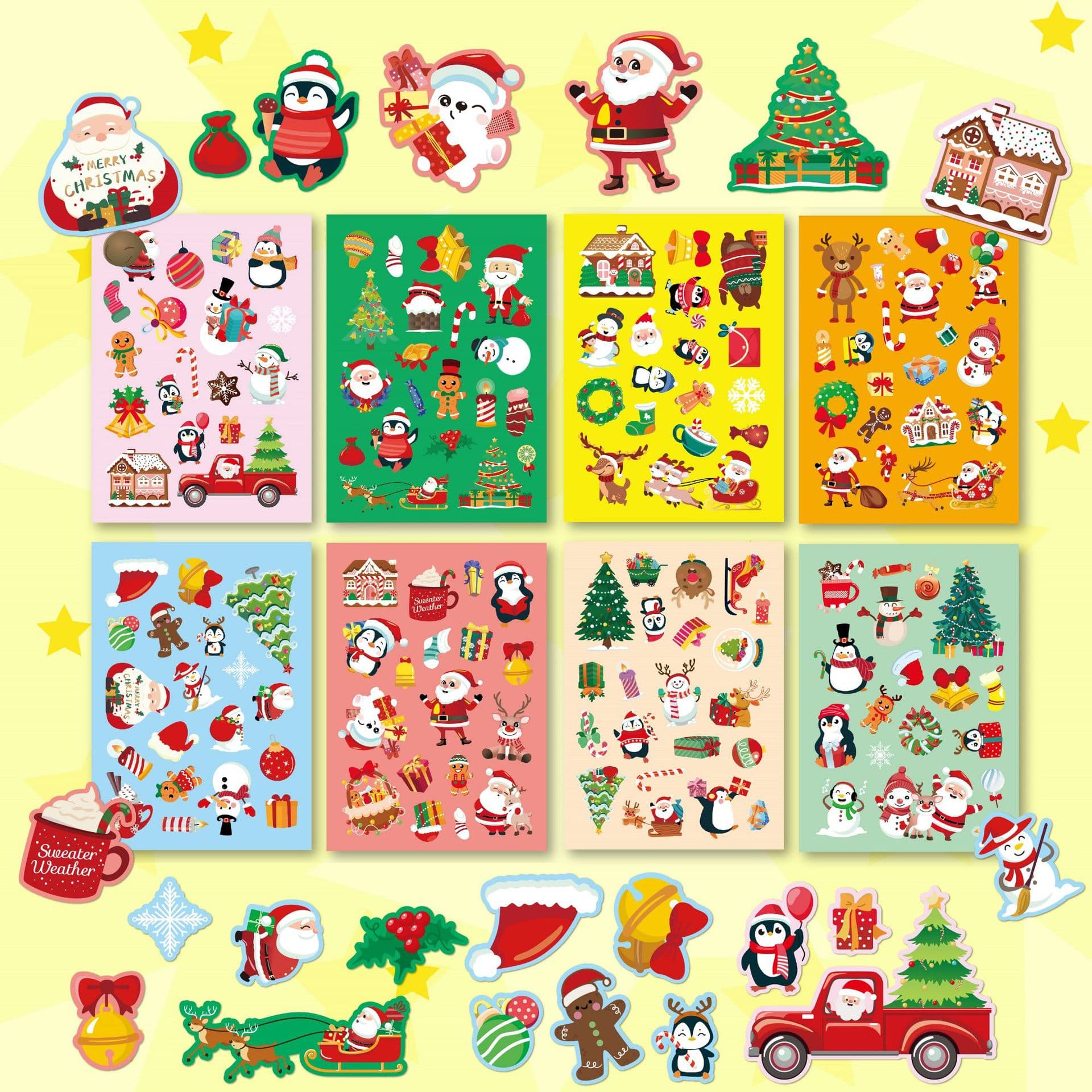 8-Sheet Cross-border Christmas Party Decorations Featuring Adorable Snowflakes and Reindeer, Waterproof Scrapbooking Notebook and Phone Case Stickers
