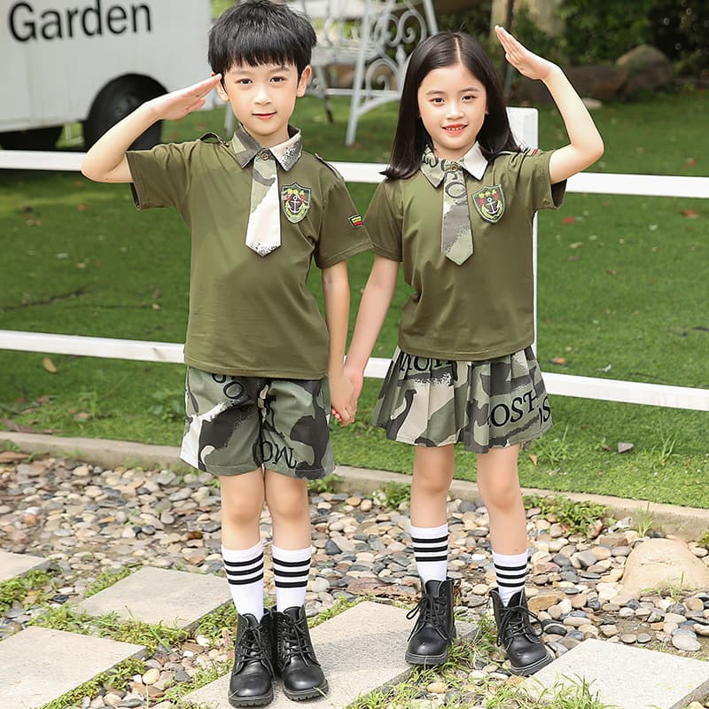 Primary school class uniform, summer camp camouflage two-piece sports short-sleeved outfit, Children's Day performance costume, kindergarten uniform.