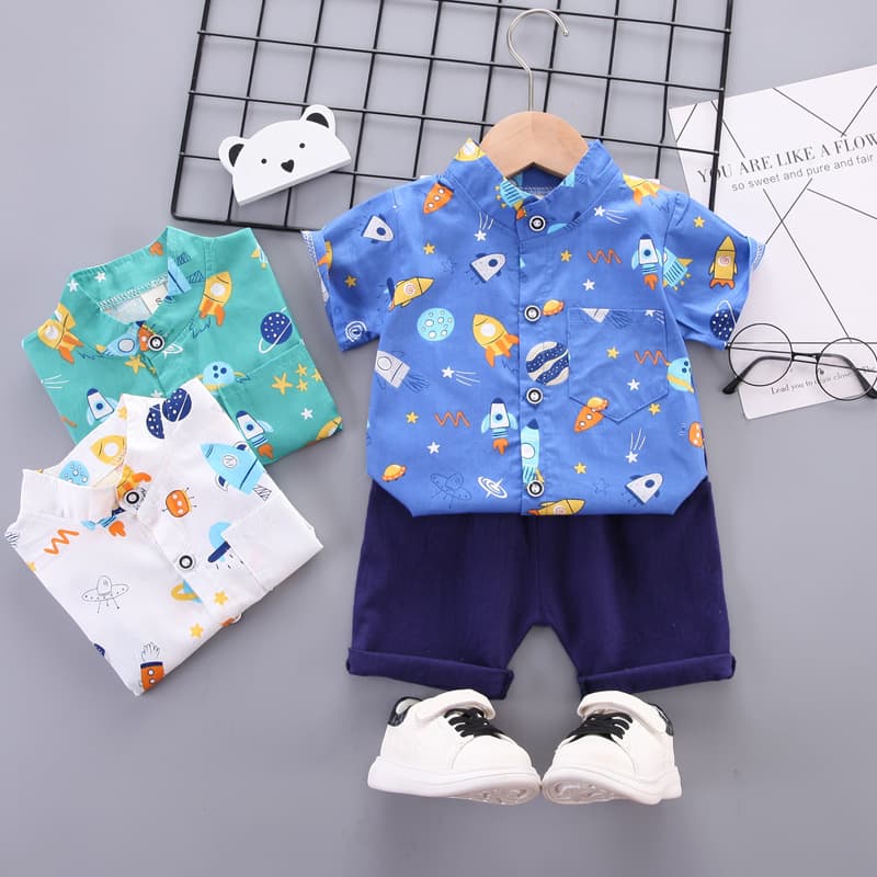 Cross-Border Children's Summer New Style Boys Baby Casual Shirt Short Sleeve Suit 2-Piece Set Lightweight From China Mainland