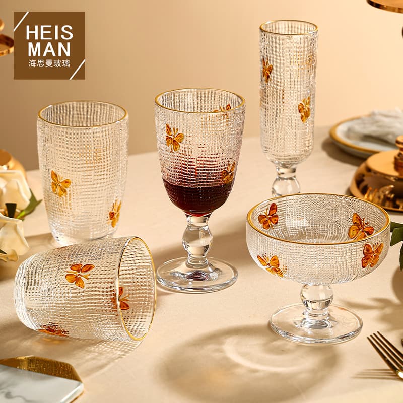 Luxury Thickened Embossed Glass Mouthwash Cup Hotel-Special Ice Cream Bowl Gold Rim Hand-Painted Bag Pattern Wine Glass
