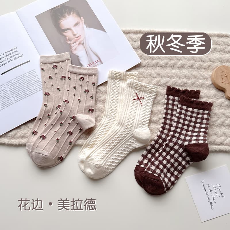 [70% Off Clearance] Mid-Calf Socks for Women Autumn Winter Warm Lace Socks Women's Versatile Bow Socks Wholesale