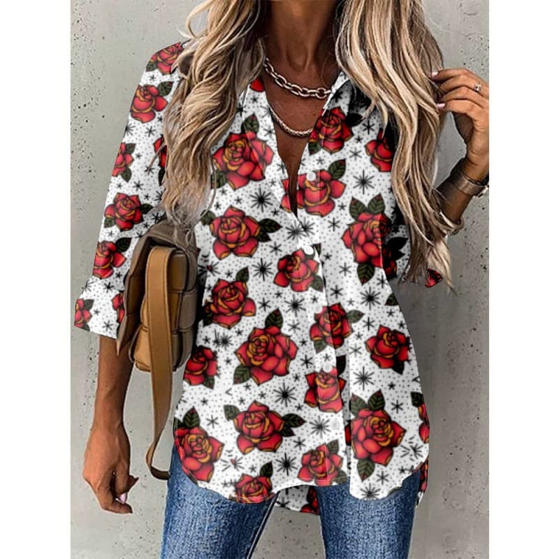 New Cross-Border 3D Digital Print Vibrant Floral Fashion Loose Fit Long Sleeve Lapel Women's Top