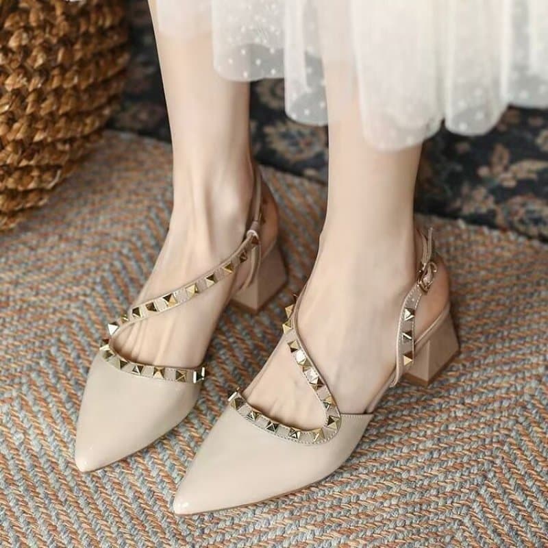 2025 Summer New Pointed Toe Rivet Mid Heel Nude High Heels French Style Small Chunky Heel Backless Strap Sandals Women