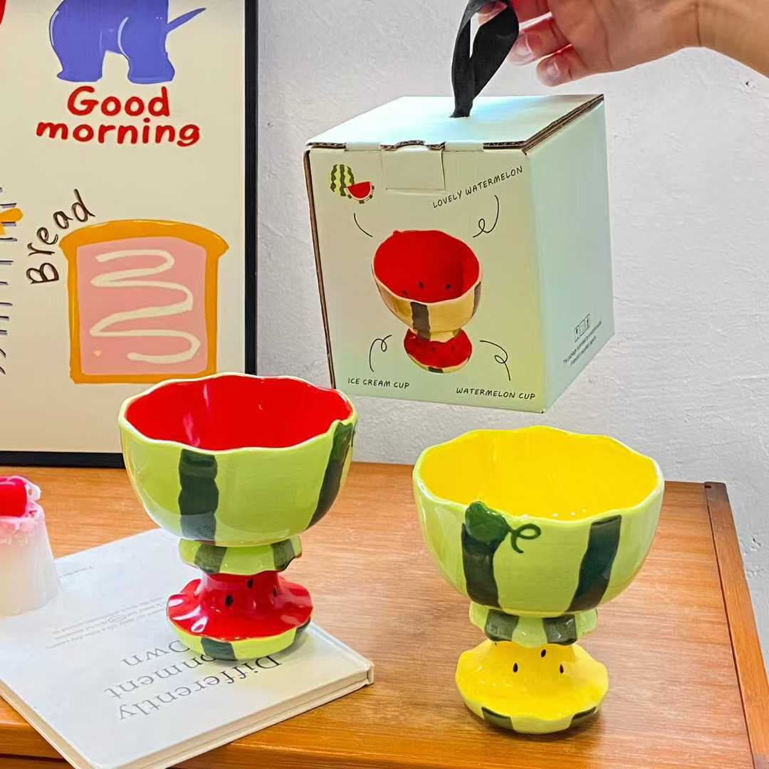 Good-looking new high-footed ice cream watermelon shaped ceramic cup Couple water cup personalized creative mug