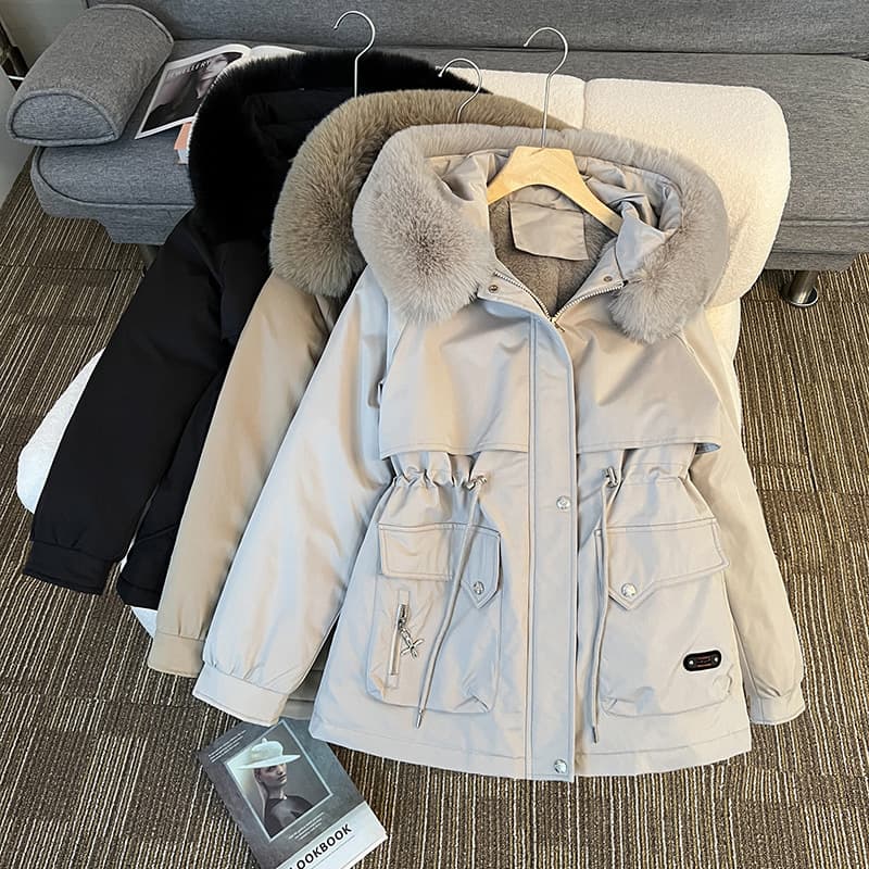 Women's Winter Warm Fur Lined Parka Jacket Cotton Coat with Detachable Fur Collar Street Style Thickened Polyester Fabric
