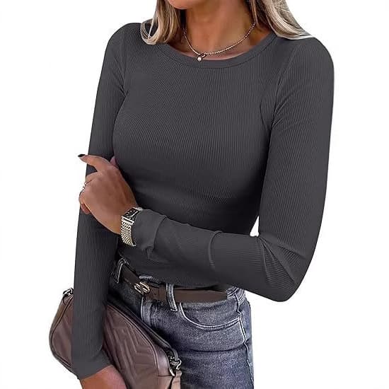 2026 Women's Long Sleeve Stretch Round Neck Ribbed T-Shirt Slim Fit Casual Basic Top Korean Style