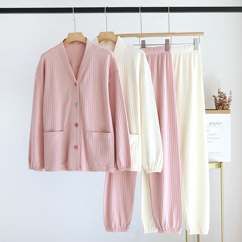Women's Spring/Autumn Pure Cotton Lycra Home Cardigan V-Neck Colorful Button Long Sleeve Set