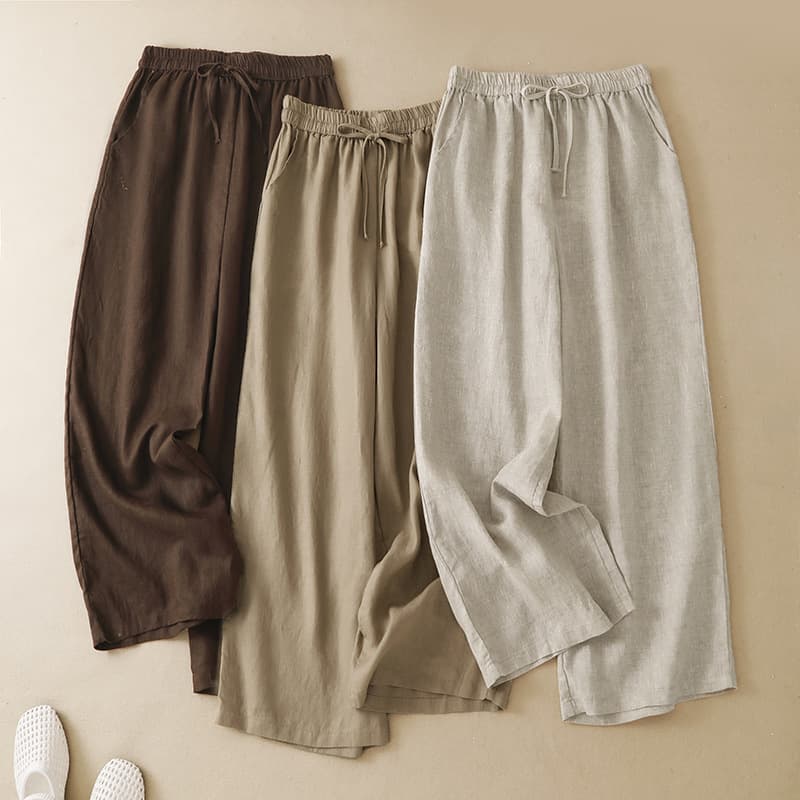 Hot new Chinese style women's new linen solid color casual pants women's elastic waist drawstring slim straight pants nine-point pants