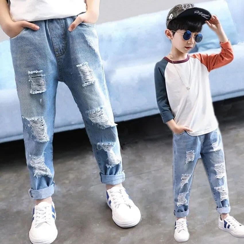 Children's Spring/Autumn Jeans, Slim Fit, Breathable, Ripped, Distressed Pants for Boys, Cool for Middle and Older Kids