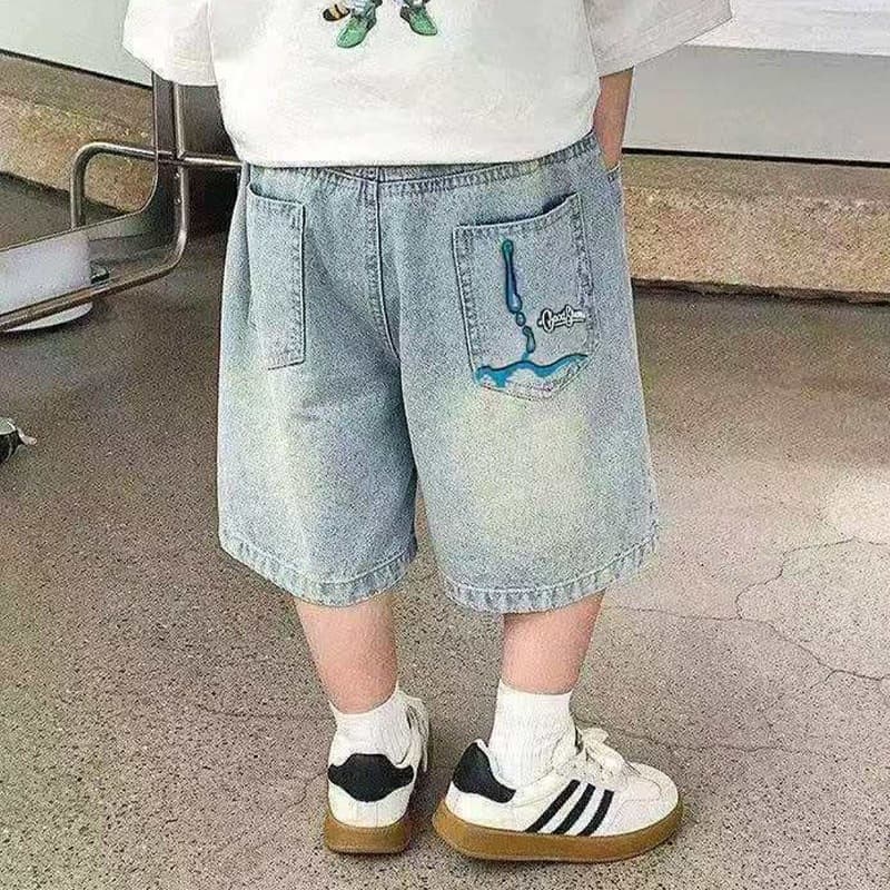 Boys' Ripped Denim Mid-Length Shorts, Summer Thin Loose Five-Point Pants, Light Blue Washed Soft Jeans for Big Kids