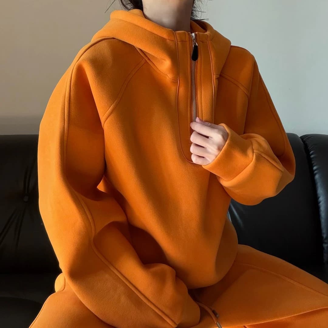 Winter Versatile Solid Color Pullover Hoodie Sports Zip-Up Sweatshirt Casual Loose 5527 Men's Set