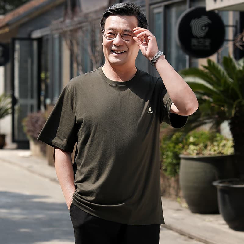 Pure Cotton Summer Short Sleeve T-Shirt for Middle-Aged and Elderly Men Crew Neck Dad Shirt Middle-Aged Men's Clothing 2025 Grandpa Summer Loose Fit