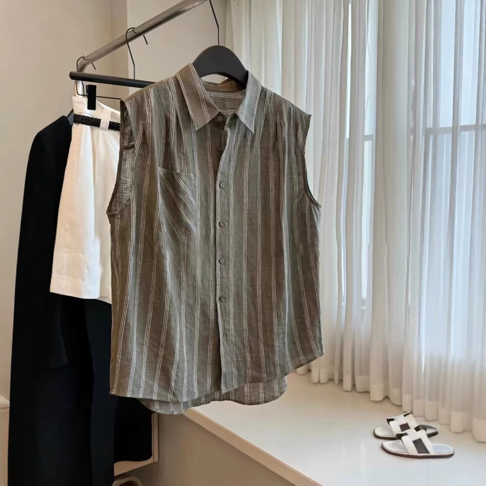 2026 summer thin olive green polo shirt linen striped sleeveless vest vest shirt women's new trendy tops