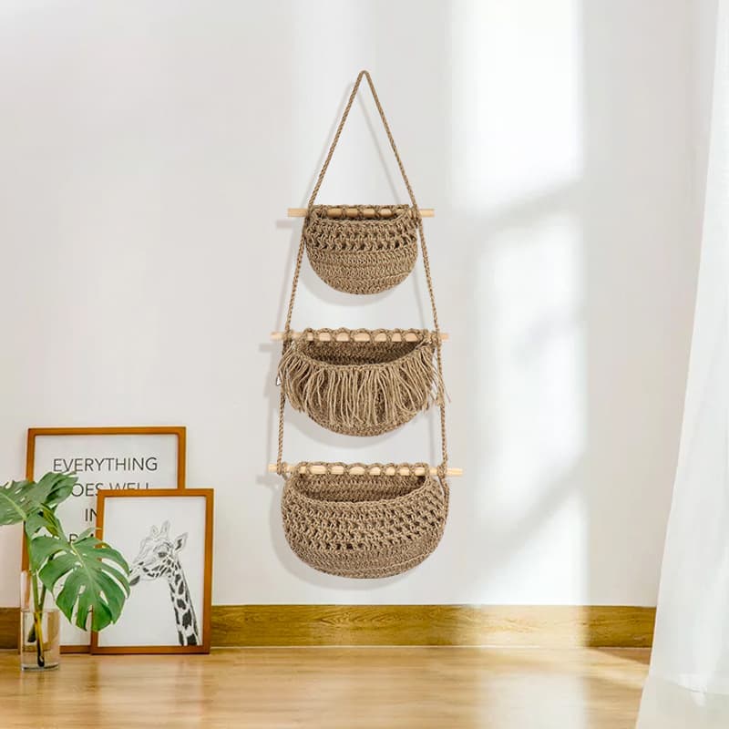 Cross-border Three-tier Fruit Net Hanging Basket Bohemian Style Detachable Wall-mounted Fruit Net Bag Hemp Rope Woven Hanging Basket
