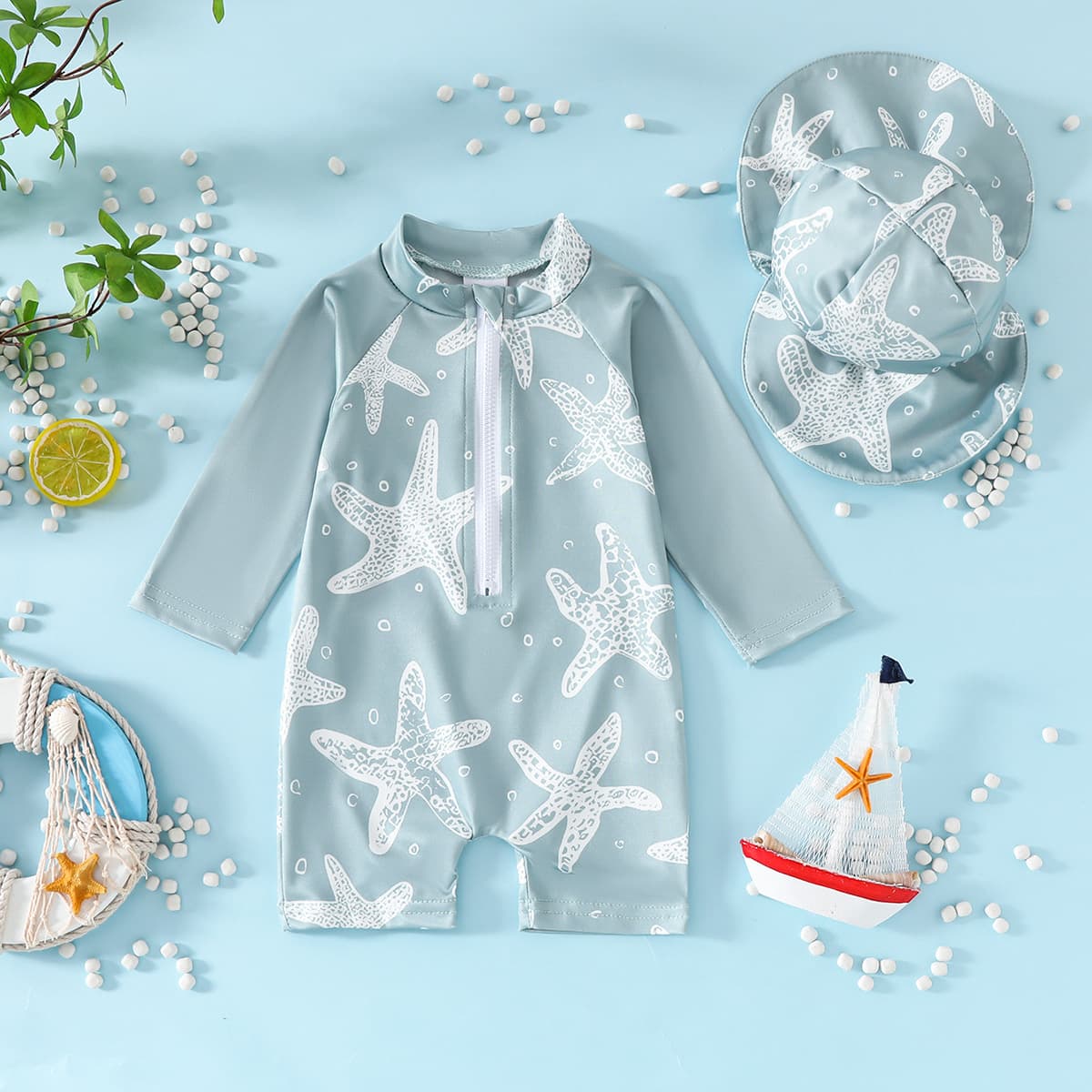 New Summer Boys Infant Toddler Long Sleeve Swimsuit Printed Zip One-Piece Swimsuit Beach Shorts Hat 2-Piece Set