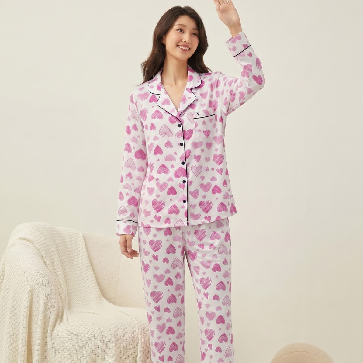 2026 new pink love atmosphere pajamas for women Пижама long-sleeved trousers home wear two-piece set