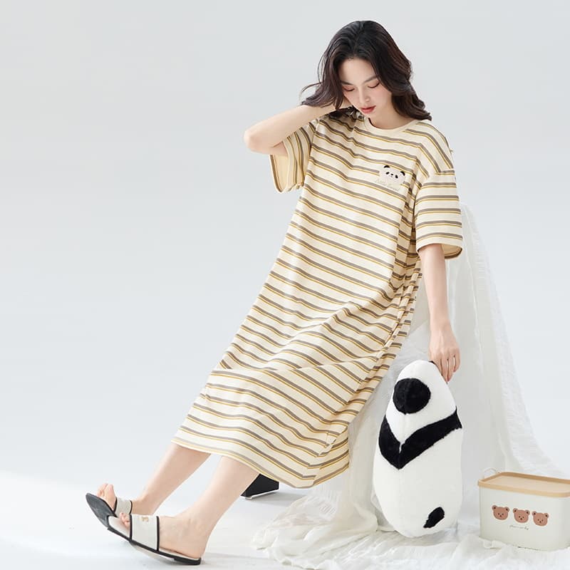 Women's Summer Cotton Short Sleeve Thin Long Dress Loose Plus Size Maternity Sleepwear Striped Home Clothes