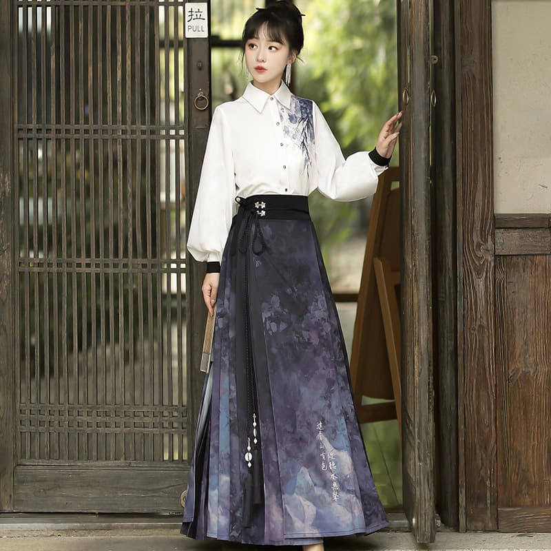 Original design painting shadow Hanfu women's Chinese style improved Han elements shirt horse-face skirt set 6935.