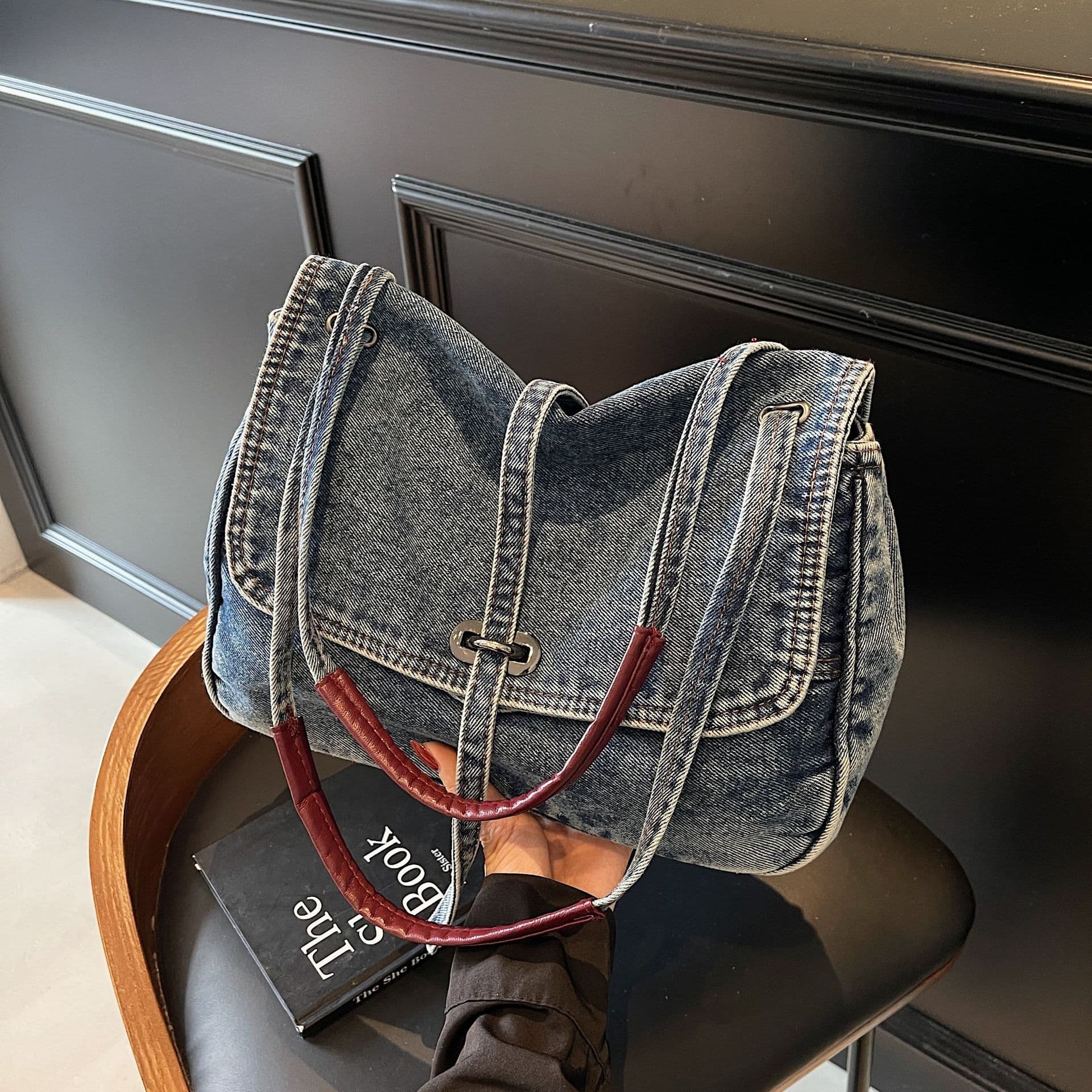Fashion Korean Style New Trendy Versatile Vintage Denim Bag for Women, Large Capacity Crossbody Tote Handbag