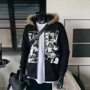 Printed Fur Collar Slim Fit Zip-Up Hoodie Jacket Men's Black Autumn Winter New Trendy Outerwear
