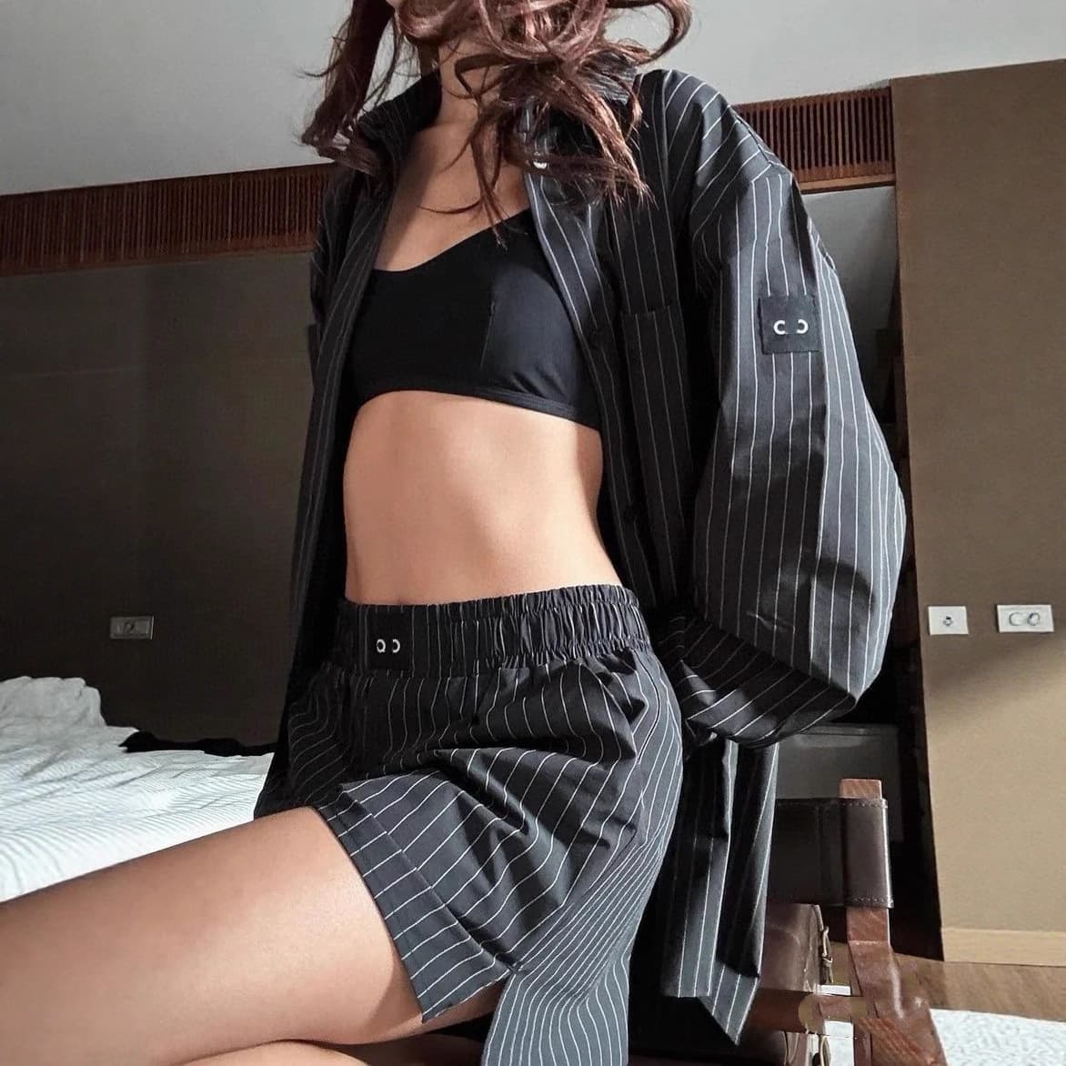 alo autumn new fashion casual striped shirt shorts suit versatile slim French lazy simple suit