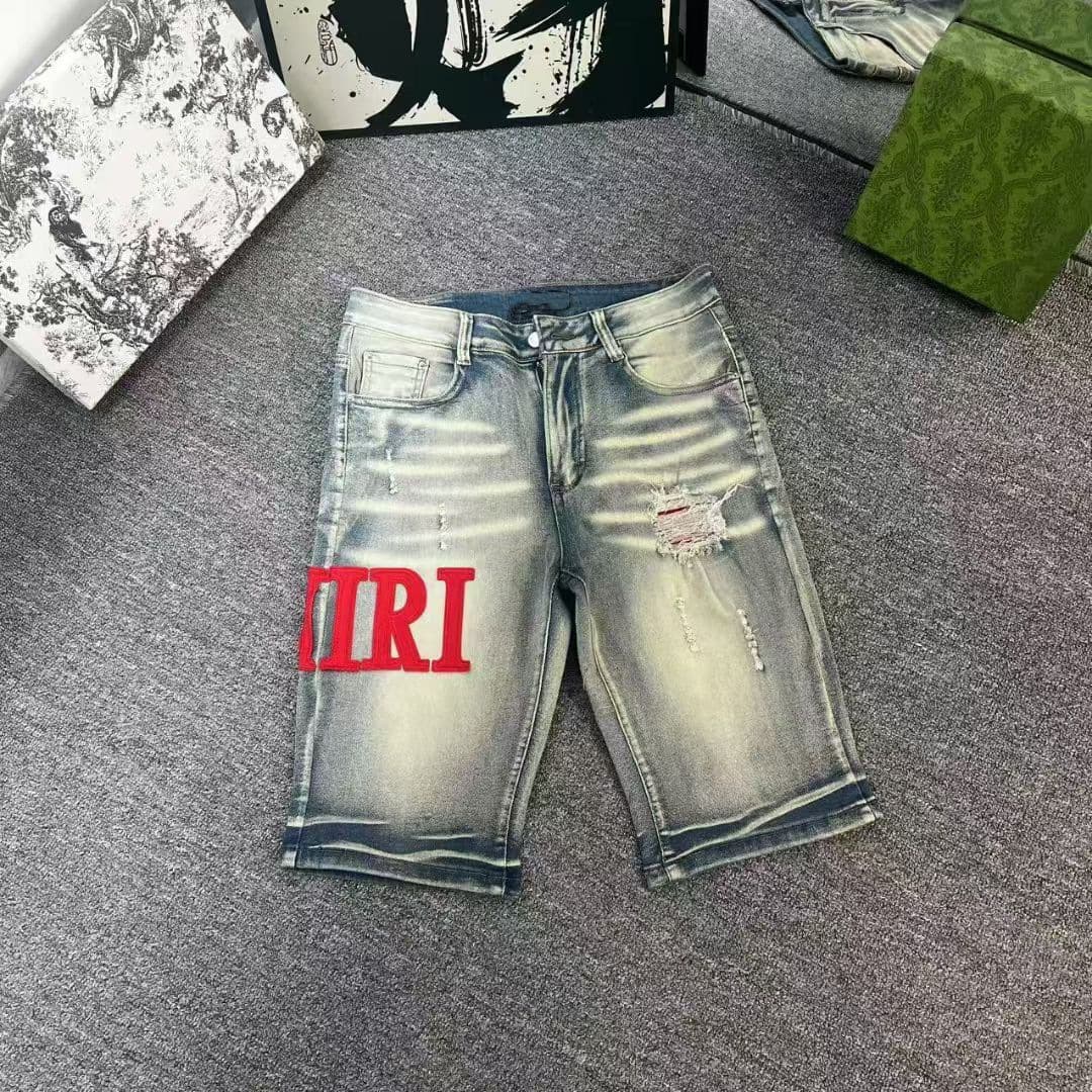Am New Trendy High Street Jeans Embroidered Patch Slim Ripped Trendy Pants Shorts Skinny