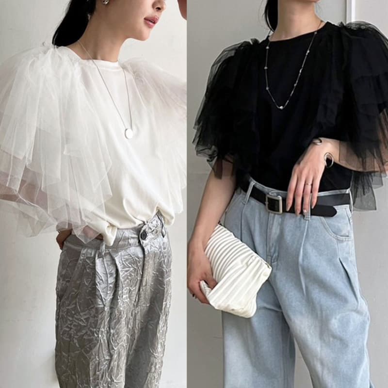 Foreign trade cross-border Japanese mesh splicing ruffle sleeve pure cotton T-shirt women's summer design sense of age reduction and slimming versatile top