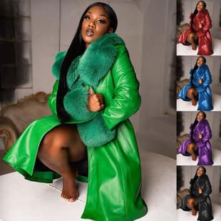 European and American Cross-Border Source Wish European and American Autumn Winter Turn-Down Collar Long Coat Fur Collar Temperament Zipper Women's PU Jacket W140