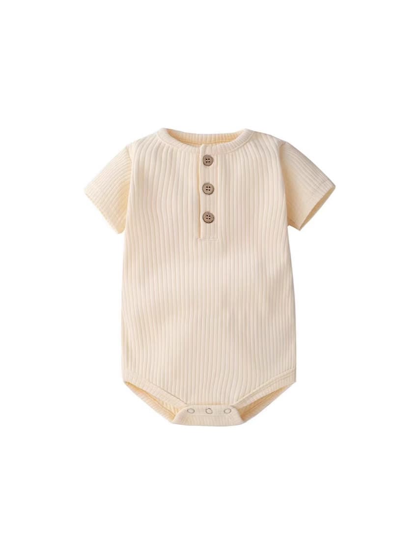 Ribbed Knit Cardigan Short-Sleeve Baby Romper Triangle Bodysuit Solid Color Onesie Crawler Outfit