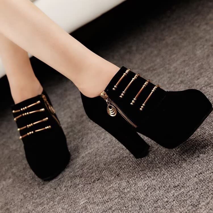 2024 Autumn New Style Ankle Boots with Chunky Heels, Thick Platform, Waterproof Sole, High Heels, Side Zipper, Suede, Beaded Women's Shoes