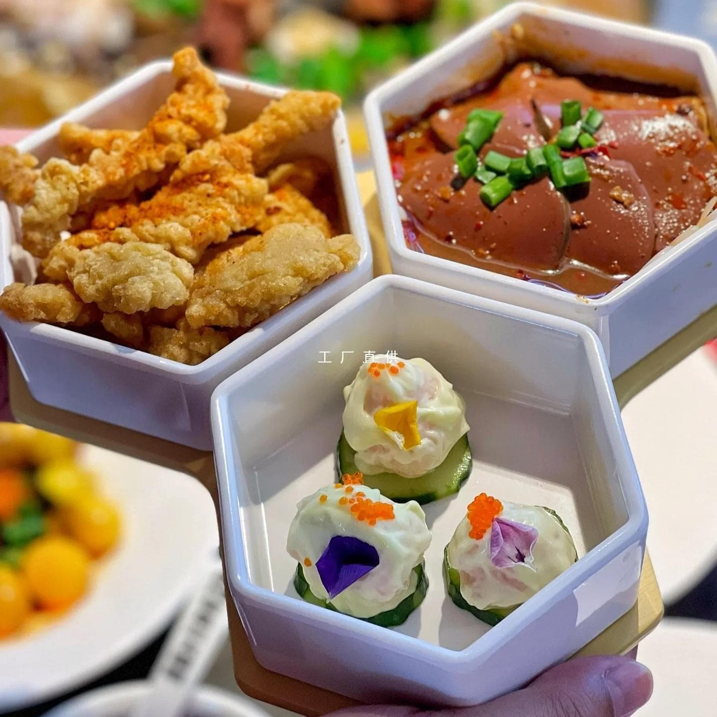 Hotel supplies cold dishes, cold dishes, small plates, creative tableware, hexagonal tableware, straight sides, special artistic conception dishes