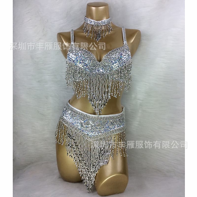 Handmade Sequins Belly Dance Bra and Belt Set Nightclub Stage Costume European and American Performance Outfit