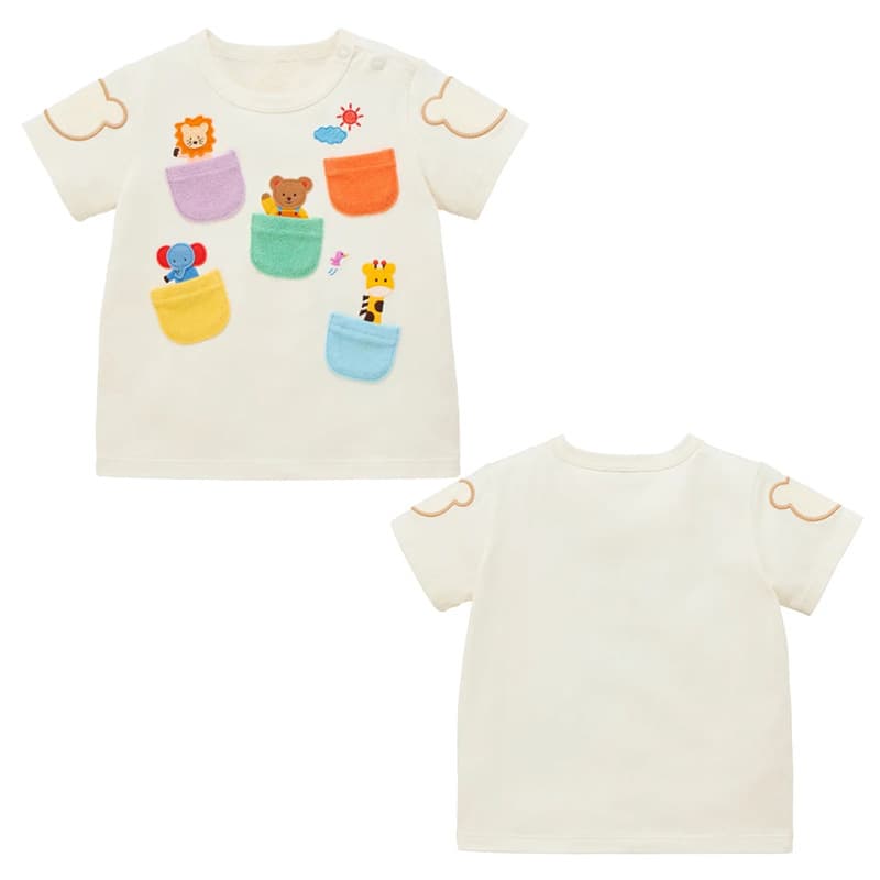 In Stock Kids Zoo Pocket Short Sleeve Japanese Baby Cartoon Bear Embroidery Short Sleeve T-Shirt Top