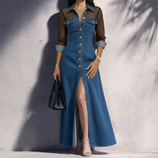2026 Cross-border Amazon Europe and America Mesh Long Sleeve Faux Denim Elegant Fashion Slim Fit Split Dress