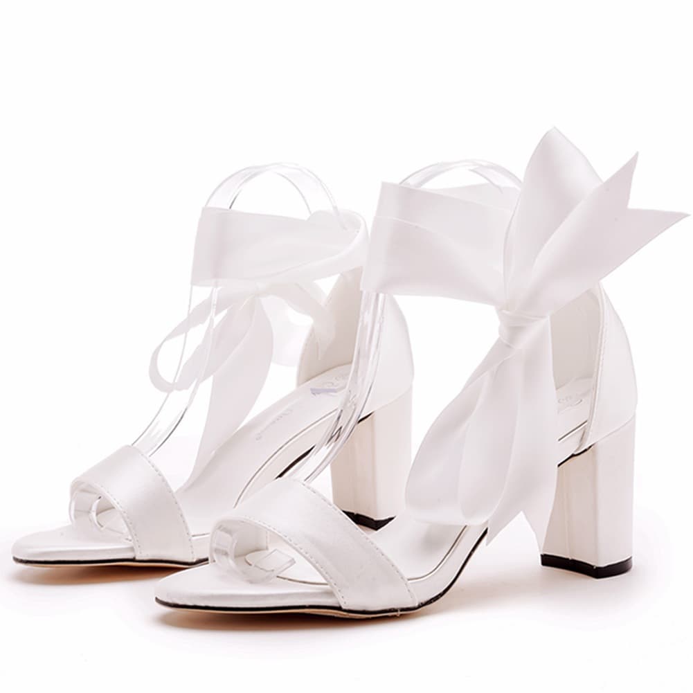 7cm Chunky Heel Low-Cut One-Strap Sandals Round Toe Block Heel Sandals Cream White Satin Bride Wedding Dress Sandals