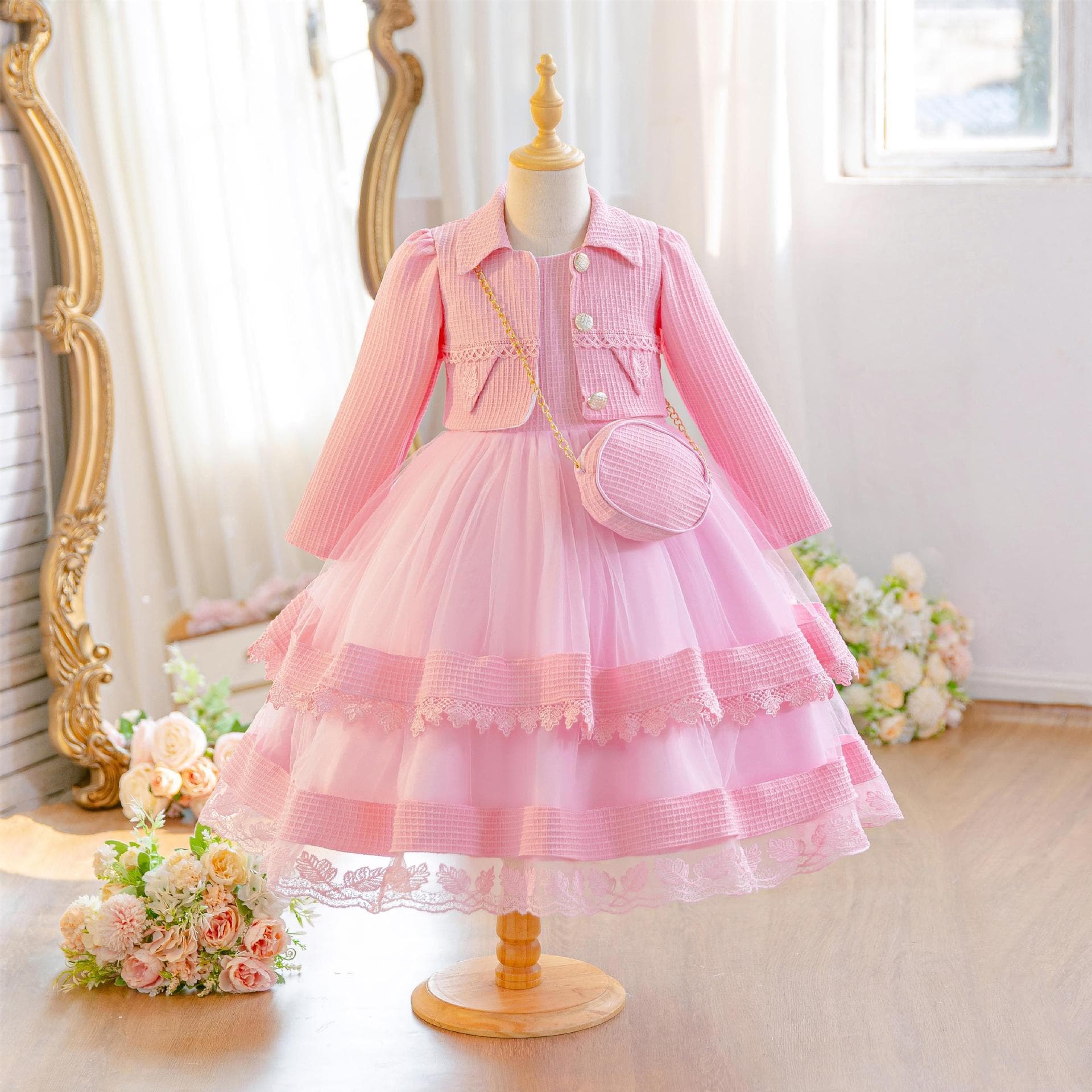 Amazon Girls Dress Set Long Sleeve Children Princess Dress Three-Piece Set Photo Performance Gown Birthday Dress