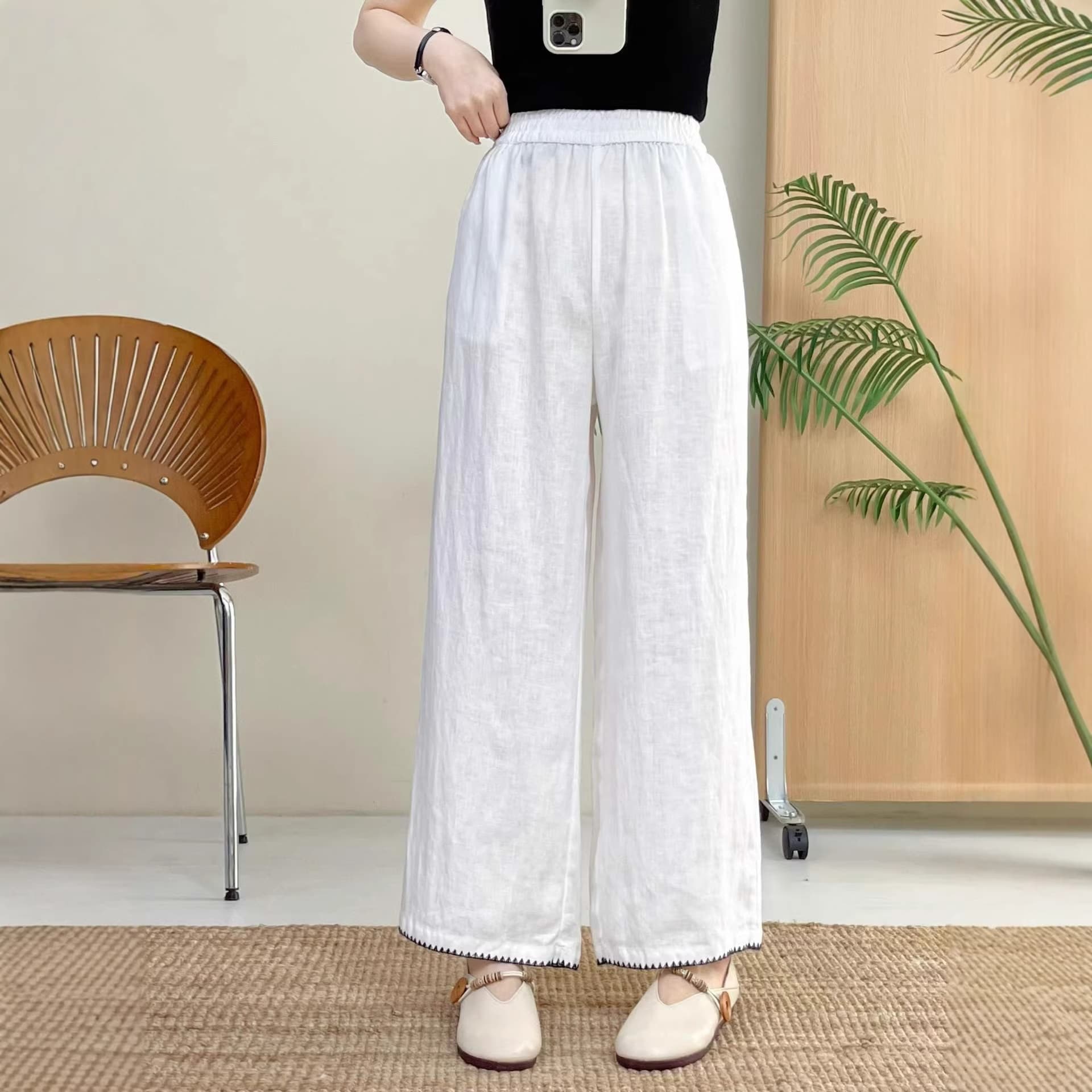 Jian Mengchun Pure Linen Straight-Leg Pants 2026 Summer New Style Fully Hemmed Elastic Waist Loose Long Pants for Women 2620