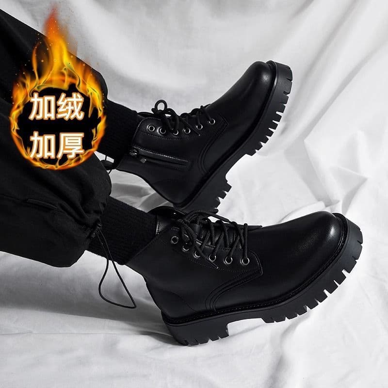 Men's Martin Boots Winter Fleece-Lined Thick Warm Work Leather Shoes Side Zipper Mid-Top Casual Snow Boots