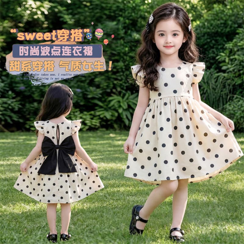 Girls Cotton Dress 2026 Summer New Fashionable Kids Bubble Sleeve Princess Dress Polka Dot Little Girl Dress